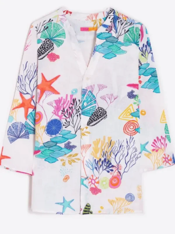 Vilagallo Tops | Gifts Under £250^Women's JULIET Linen Marine Print Blouse 32312